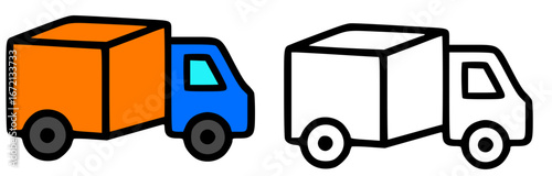 Two simple illustrations of a delivery truck, one colored and one black and white.