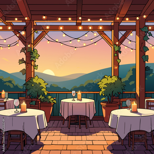 Romantic sunset terrace restaurant scene vector illustration for special occasions vector