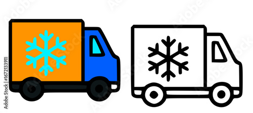 Two Refrigerated delivery trucks, one colored, one black and white.