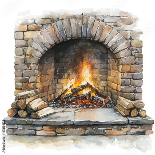 Fireplace Glowing Warmth, watercolor clipart vector, isolated on a white background.