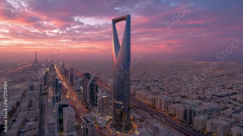 Kingdom Tower Riyadh sunset cityscape aerial view, 4k video footage