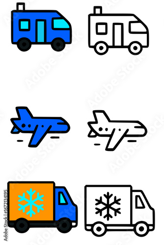 Icon set featuring a camper, airplane, and refrigerated truck, each shown in color and black and white outline versions.