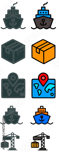 Flat icons of ships, cargo boxes, maps, and cranes, representing global trade and logistics.