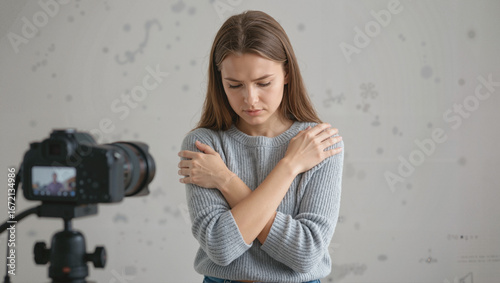 Teenage girl hugging herself sadly