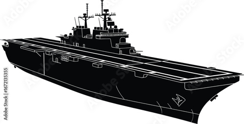 Black silhouette of a modern aircraft carrier with flight deck and superstructure