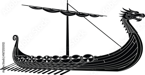 Black silhouette of a Viking longship with dragon head prow and oars viking ship black and white