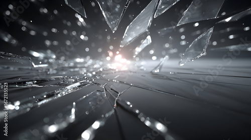 Close-up view of shattered glass with light shining through cracks.