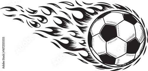 Black and white ink style illustration of a flaming soccer ball in motion with dynamic woodcut flames for vintage sports design