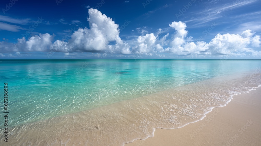 Fototapeta premium Crystal Clear Ocean with Sandy Beach under Blue Sky