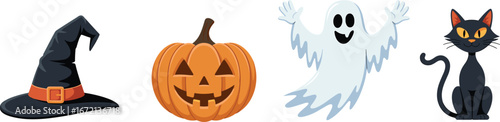 Halloween witch hat illustration, smiling pumpkin jack o lantern, happy ghost cartoon character, black cat vector art, spooky holiday decoration clipart
