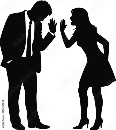 Silhouette of man and woman arguing, couple conflict communication problem, relationship stress, misunderstanding dispute, emotional tension, disagreement concept illustration