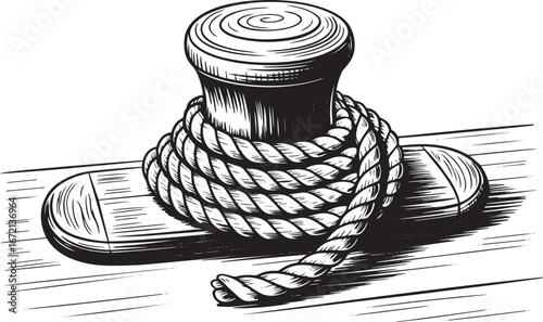 Black and white sketch illustration of nautical mooring bollard with twisted rope in woodcut engraving style on wooden deck surface