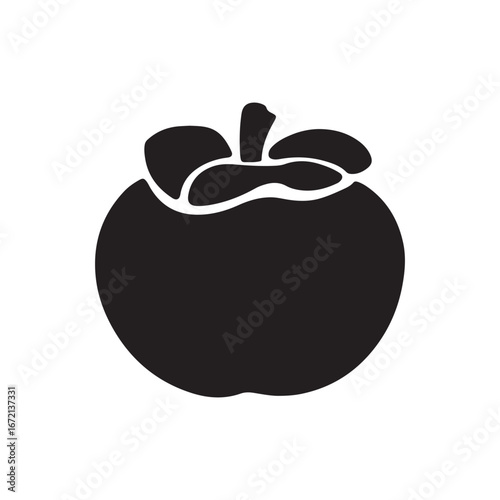 Simple Black Silhouette of a Persimmon Fruit with Detailed Leaves on Top
