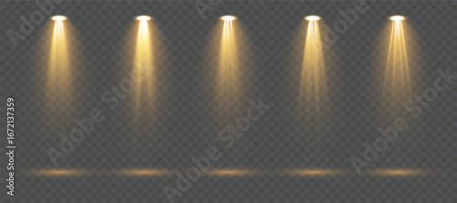 Creative vector spotlight set. Bright stage beams, isolated glowing lights and projector illumination on transparent background, perfect for concert banners, theater design, studio and entertainment.