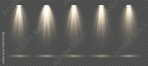 Realistic vector spotlight collection with isolated projector beams, glowing stage illumination, theater lights and bright concert effects on transparent background for show and event design.