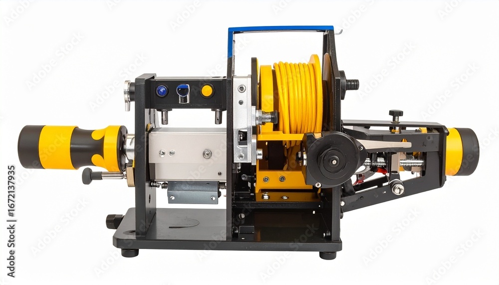 Fototapeta premium Cable stripping machine with adjustable blades rotating handle and heavy duty frame isolated on white background industrial electrician cable preparation device 