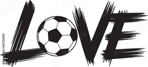 Black and white artistic illustration of the word love with soccer ball pattern in the letter o and modern brush stroke graphic design