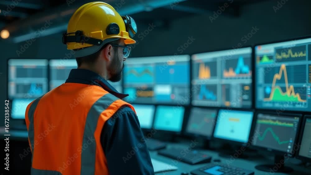 A worker in a hard hat examines multiple computer monitors A worker in a hard hat examines multiple computer monitors