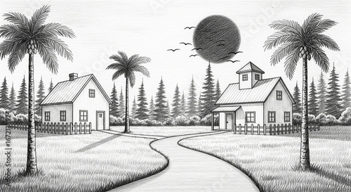 Grayscale Pencil Drawing of a Peaceful Village Scene with Houses, Palm Trees, Winding Road, Forest, and Dark Sun