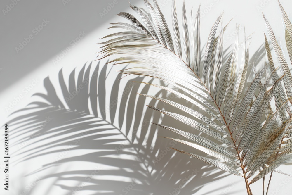 Obraz premium Light gray palm fronds cast dramatic shadows on a white surface