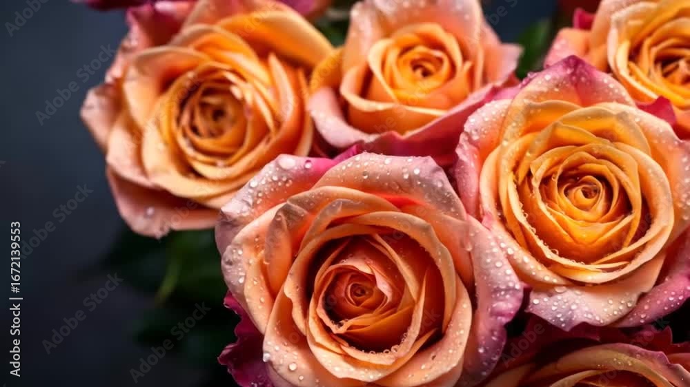 Peach Roses with Water Droplets Close-Up Peach Roses with Water Droplets Close-Up
