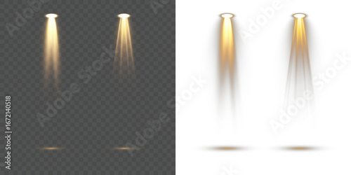 Realistic vector spotlight collection with isolated projector beams, glowing stage illumination, theater lights and bright concert effects on transparent background for show and event design.