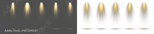 Vector stage light beams set. Isolated spotlights with glowing rays, projector illumination and bright concert effects for studio backgrounds, theater design, club visuals, and performance decorations