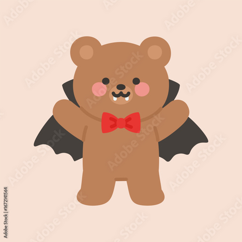 Cute Brown Halloween Bear Vampire with Open Cape and Fangs