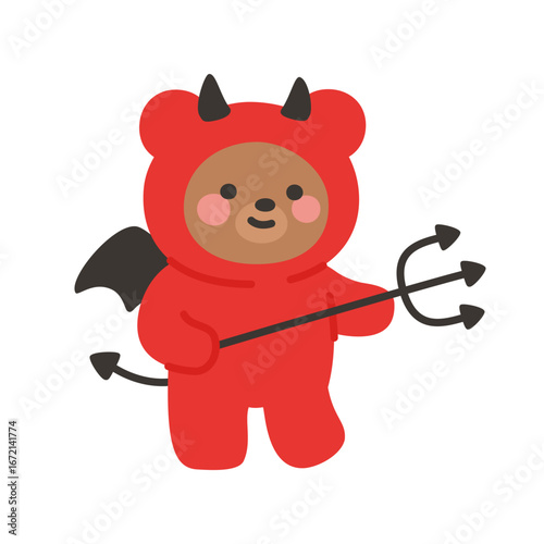 Bear in Red Devil Costume Holding Trident on White Background
