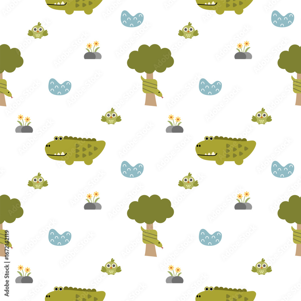 Naklejka premium Snake on tree cartoon so cute. On crocodile swamp flower bird white background. Pattern seamless vector illustration. 