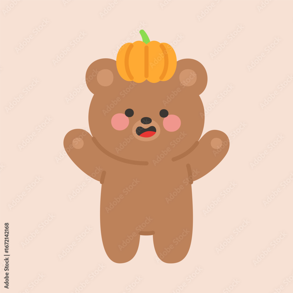 Obraz premium Cute Brown Bear with Pumpkin Hat Halloween Isolated on Beige Background