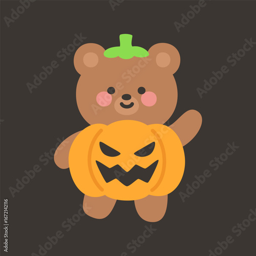 Brown Bear in Pumpkin Costume Raising One Hand Halloween Cute