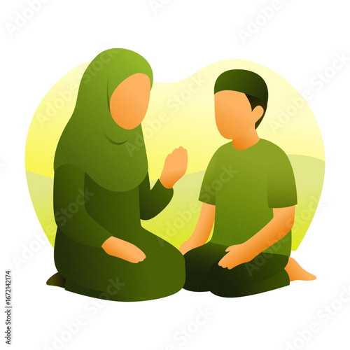 Illustration of a Muslim mother teaching her child about Islam and prayer. Represents family, parenting, Islamic education, and religious values in daily life.
