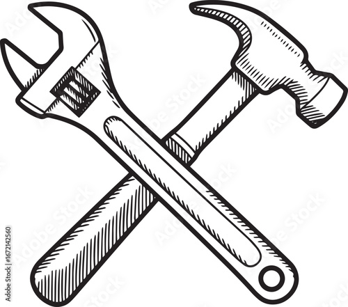 Black and white line art illustration of crossed wrench and hammer in technical sketch style with hatching and cross hatching detail