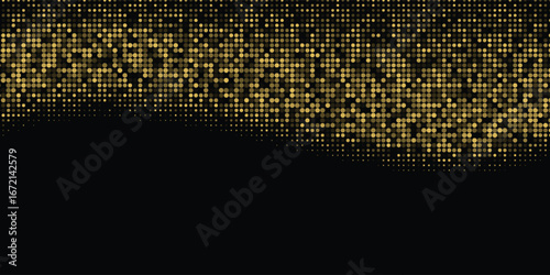 Abstract luxury banner with golden glittering dots on black background. Sparkling glitter bottom border, vector frame. Halftone effect. Magical gold dust. Pop art style backdrop.