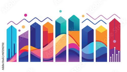 Colorful 3 D Bar Chart with Wavy Lines and Circles on White Background graph stock market