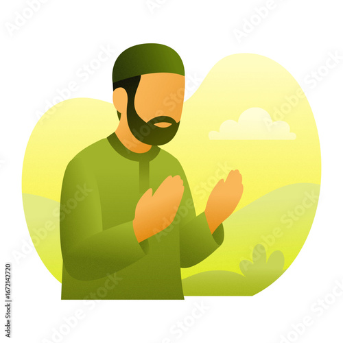 Illustration of a Muslim man in traditional clothing raising hands for dua (prayer). Represents Islamic faith, spirituality, devotion, and Ramadan worship.