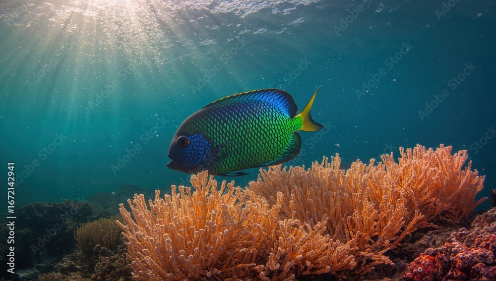 Obraz premium Vibrant parrotfish gliding above colorful reef with golden light and bubbles