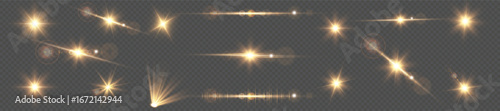 Shiny vector light flare collection. Glowing starburst effects, transparent rays, isolated sun glow and realistic lens flares with sparkle glare for photography, decoration, and creative design.
