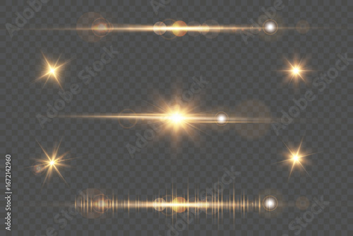 Vector set of glowing lens flares. Isolated star light effects, bright sun rays, sparkles, transparent glare and shiny bursts for realistic photography overlays, graphic design, and illumination.