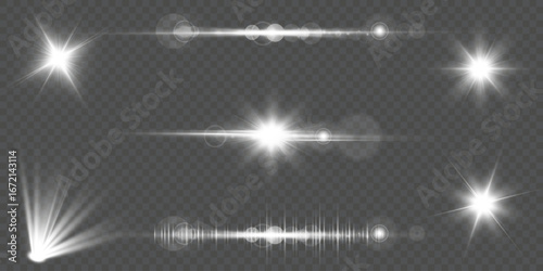 Vector lens flare light effects set. Isolated glowing star bursts, shiny flash and transparent light rays with sparkle glare. Realistic sun flare illumination for backgrounds, design, abstract effects