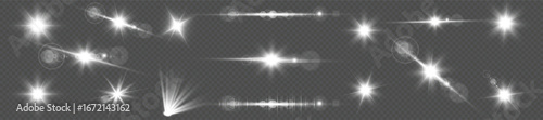 Shiny vector light flare collection. Glowing starburst effects, transparent rays, isolated sun glow and realistic lens flares with sparkle glare for photography, decoration, and creative design.