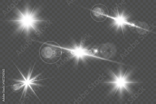 Realistic lens flare vector effects. Star light glow, shiny spark bursts, transparent flash rays and isolated sun beams for digital overlays, abstract backgrounds, photo edits and design projects.