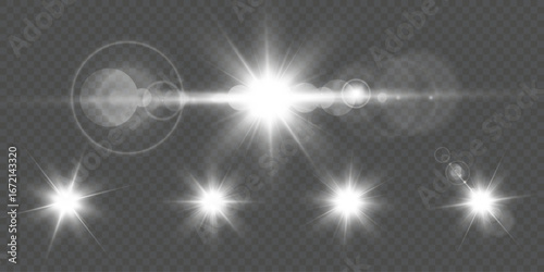 Vector lens flare light effects set. Isolated glowing star bursts, shiny flash and transparent light rays with sparkle glare. Realistic sun flare illumination for backgrounds, design, abstract effects