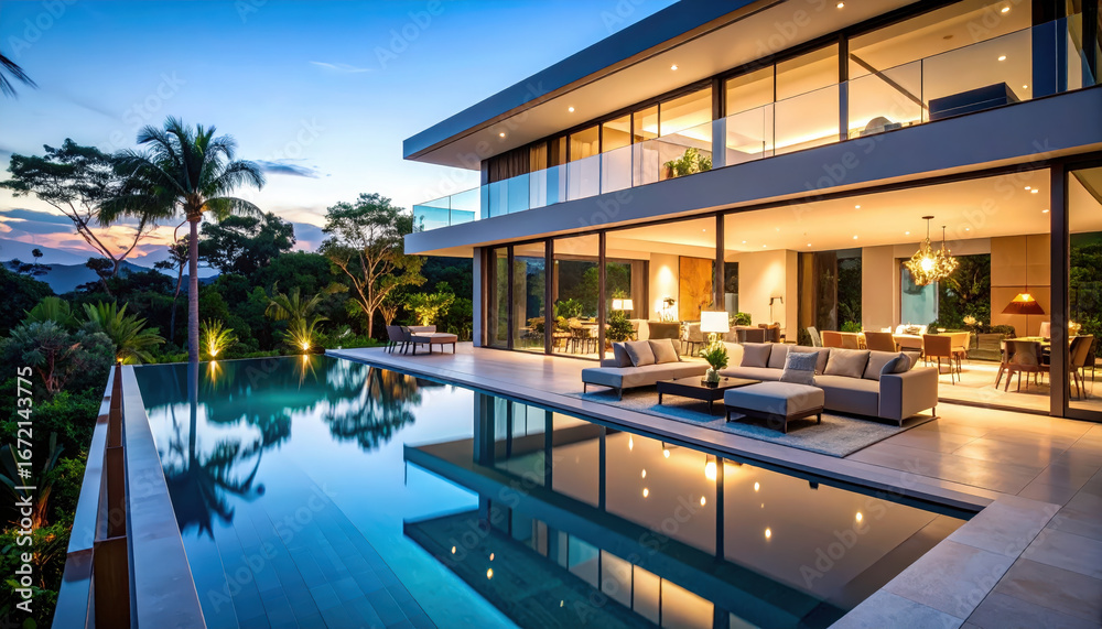 Obraz premium Modern luxury house with infinity pool reflecting evening sky and tropical trees, creating peaceful and elegant atmosphere