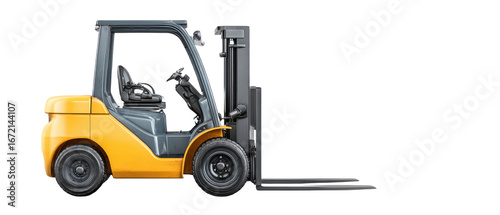 A yellow forklift with a black frame, designed for material handling, showcasing its operational features and robust structure.