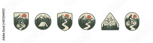 Adventure badges featuring mountains, biking, and camping icons in vintage style