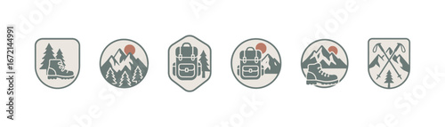 Vintage hiking and camping adventure badge design collection