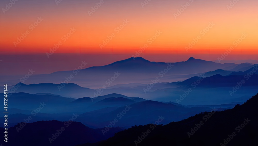 Obraz premium Sunset over hazy, layered mountains