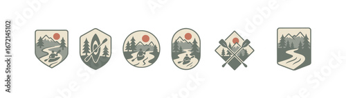 Retro badge designs featuring canoeing landscapes with mountains and sun
